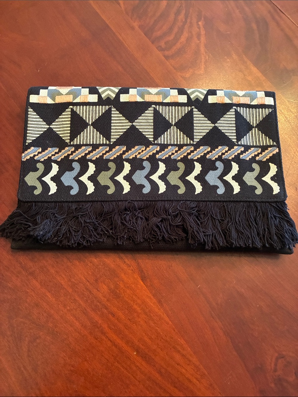 Stella & Dot Embroidered Fringe Clutch with Multicolor Geometric Pattern
